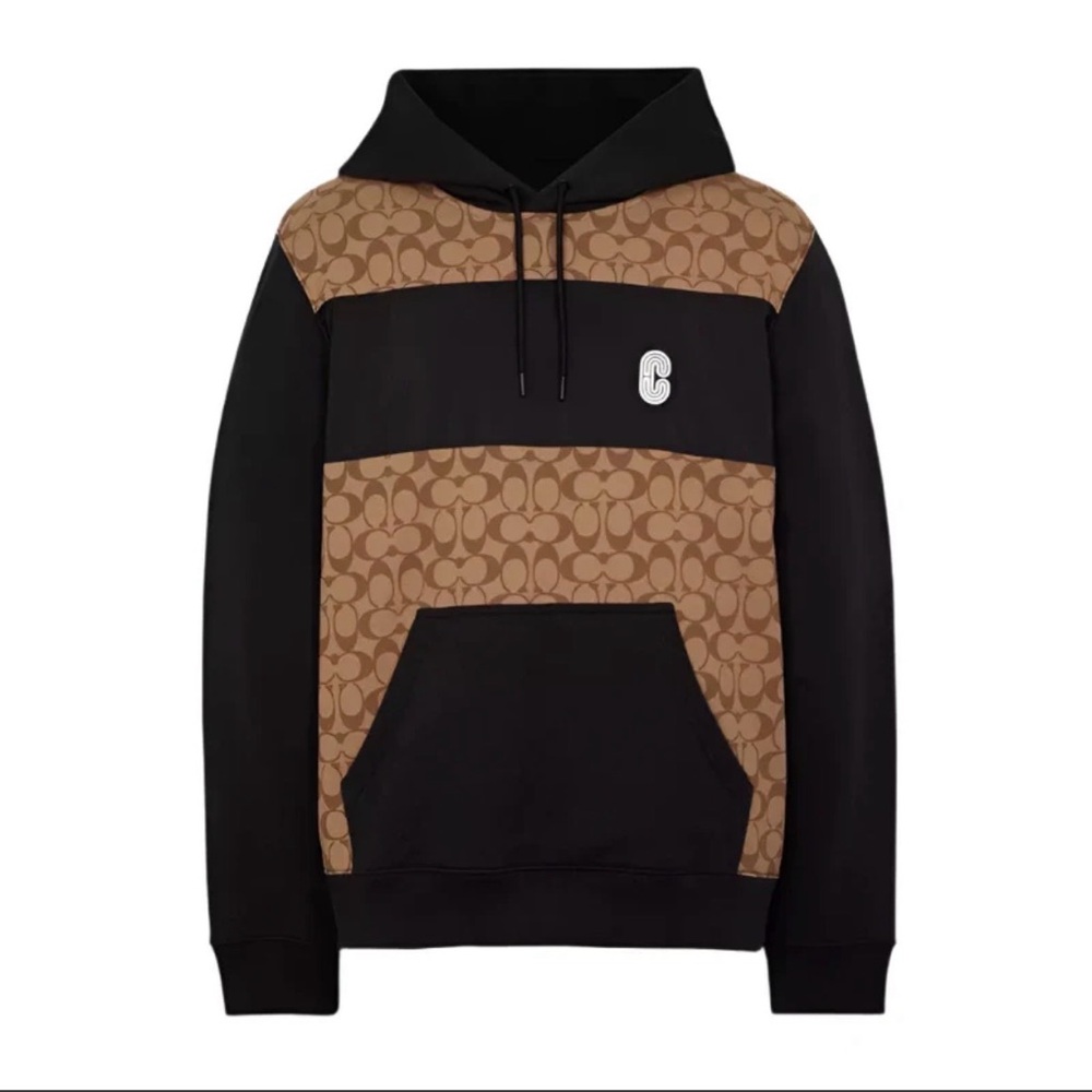 Coach Men’s Black and Brown Signature-Panel Hoodie